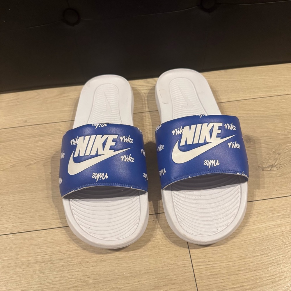 Nike Blue and White Slides